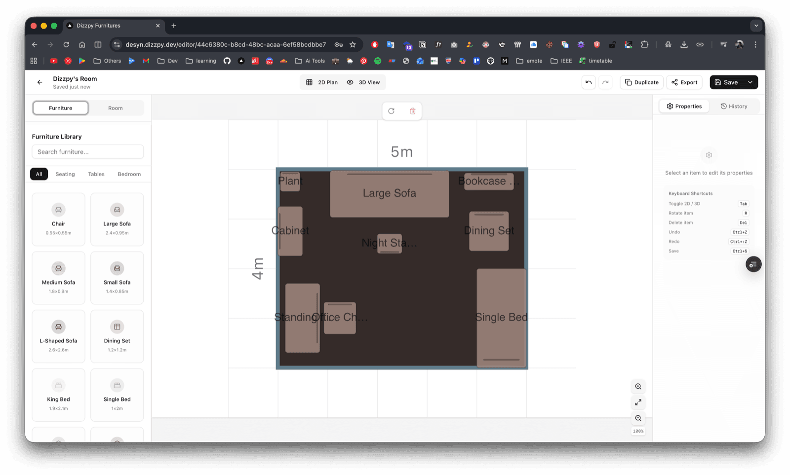 Desyn 2D floor-plan editor with furniture arranged on a room canvas