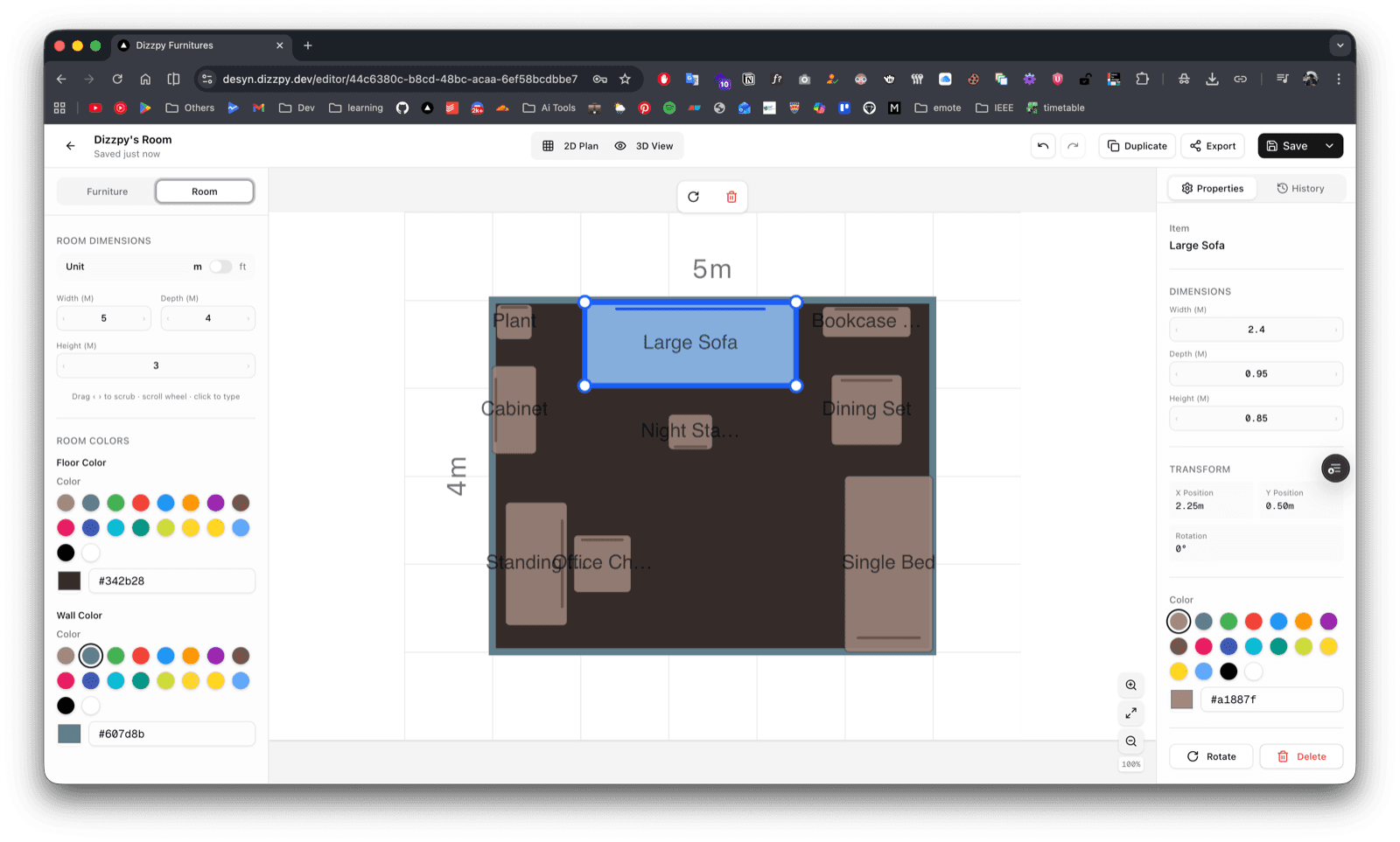Desyn 2D editor showing the properties panel for a selected item
