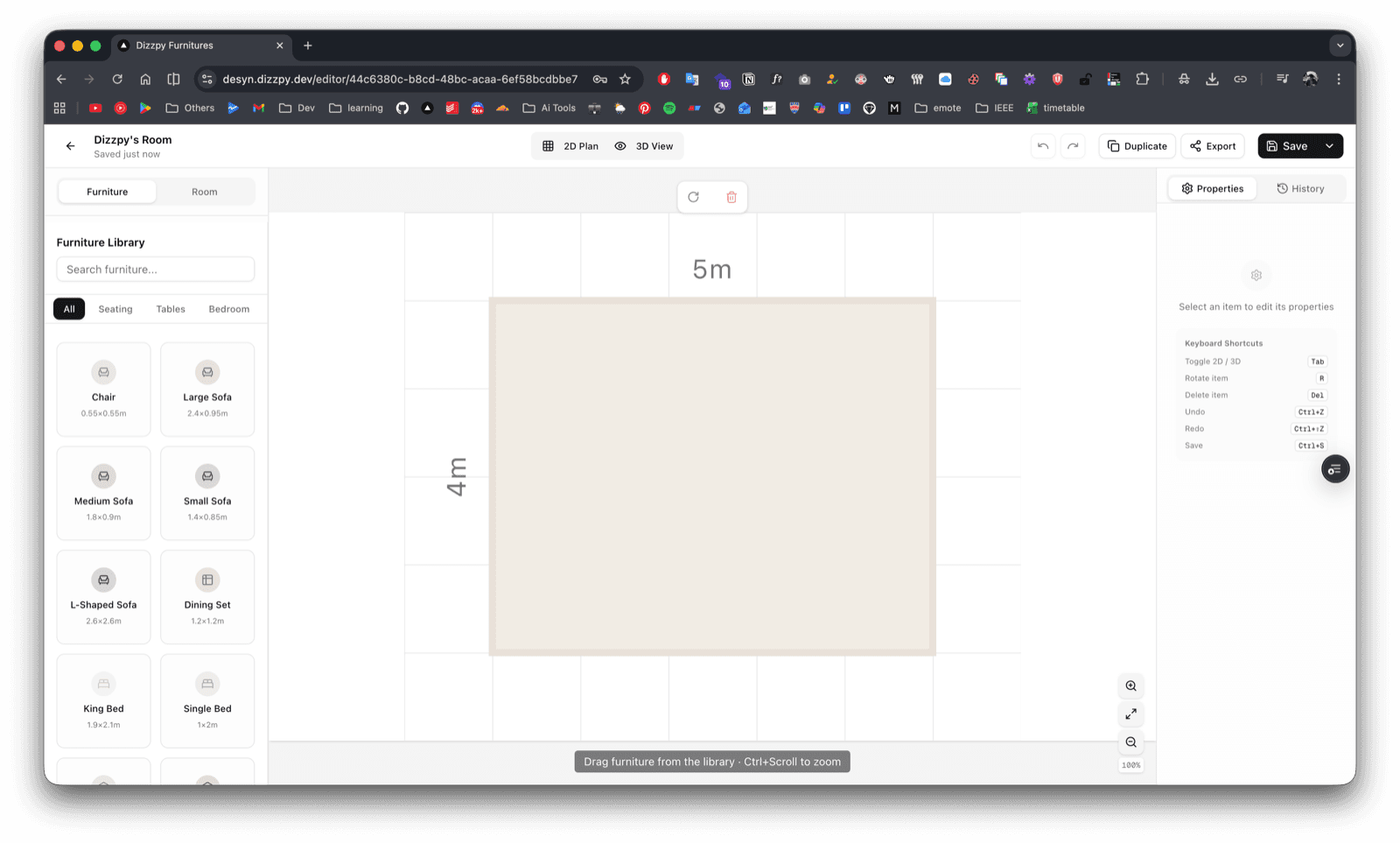 Desyn 2D floor-plan editor with an empty room canvas