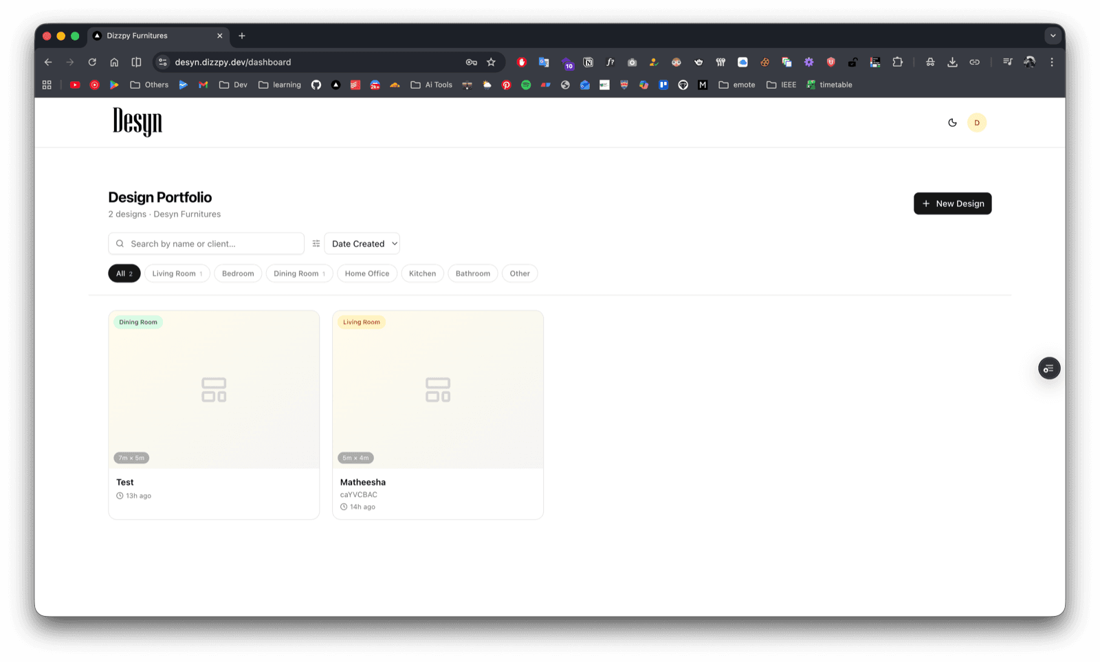 Desyn portfolio dashboard listing saved interior design projects