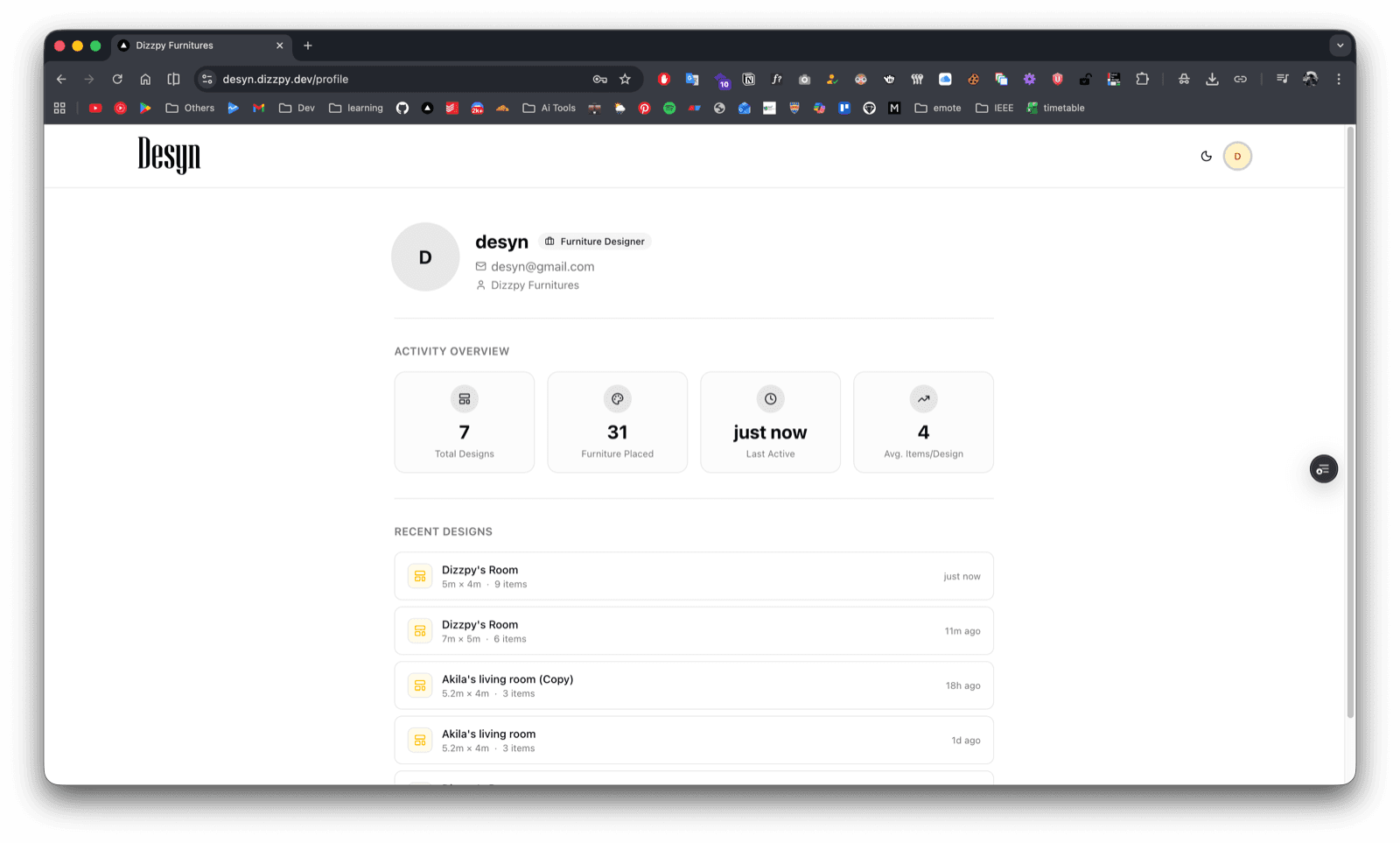 Desyn profile page showing recent design activity
